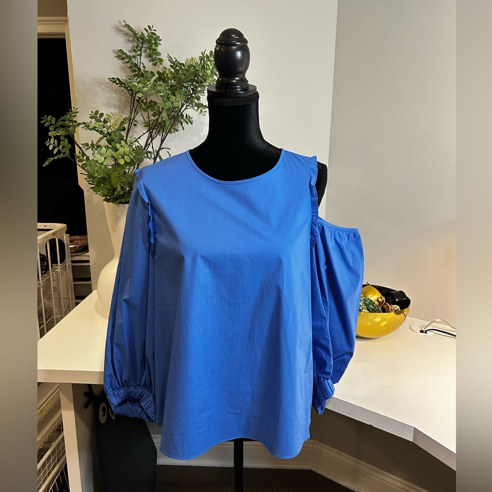 Tibi bright blue single cold shoulder Cotton Poplin blouse